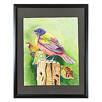 'Still Painted Bunting' - Oil on Canvas Painting of Colorful Bird from Guatemala