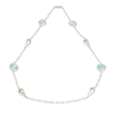 Sterling Silver Station Necklace with Jade and Larimar Gems