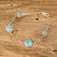 Jade and larimar link bracelet, 'Precious Union' - Sterling Silver Link Bracelet with Jade and Larimar Stones