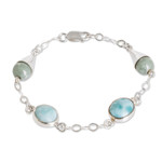 Jade and larimar link bracelet, 'Precious Union' - Sterling Silver Link Bracelet with Jade and Larimar Stones