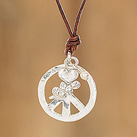 Cultured pearl pendant necklace, 'Union of Peace' - Cultured Pearl Necklace with Leather Cord and Silver Pendant