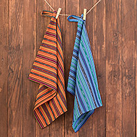 Cotton dish towels, 'Kitchen Love' (pair) - Pair of Striped Cotton Dish Towels Hand-Woven in Guatemala