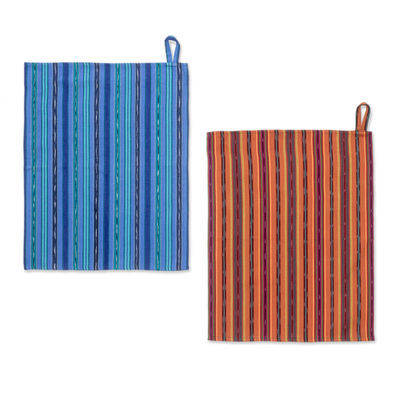Cotton dish towels, 'Kitchen Love' (pair) - Pair of Striped Cotton Dish Towels Hand-Woven in Guatemala