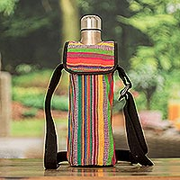 Cotton bottle carrier, 'Colorful Roots' - Striped Cotton Bottle Carrier Hand-Woven in Guatemala