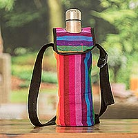 Cotton bottle carrier, 'Colorful Paradise' - Striped Cotton Bottle Carrier Hand-Woven in Guatemala