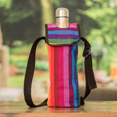 Cotton bottle carrier, 'colourful Paradise' - Striped Cotton Bottle Carrier Hand-Woven in Guatemala