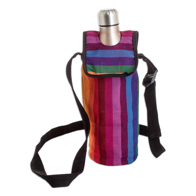Cotton bottle carrier, 'colourful Paradise' - Striped Cotton Bottle Carrier Hand-Woven in Guatemala
