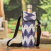 Cotton bottle carrier, 'Azure Sky' - Blue and White Cotton Bottle Carrier Hand-Woven in Guatemala