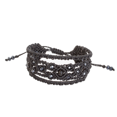 Macrame wristband bracelet, 'Crystal Silhouette' - Handcrafted Black Macrame Wristband Bracelet with Crystals