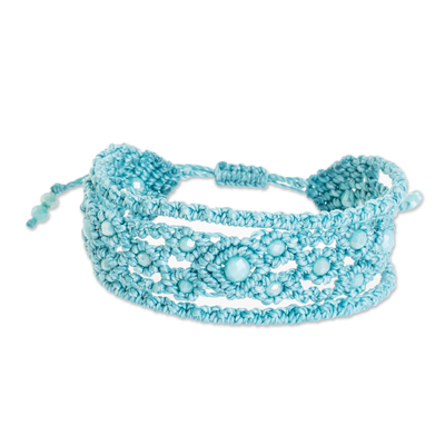 Beaded macrame wristband bracelet, 'Silhouettes in Turquoise' - Turquoise Crystal Beaded Macrame Wristband Bracelet