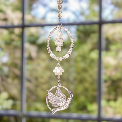 Crystal and glass beaded suncatcher, 'Olive Branch' - Crystal and Glass Beaded Suncatcher with Peace Pendant