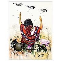 'Crying Out for Peace' (2022) - Pintura al óleo y acrílico de una mujer clamando por la paz