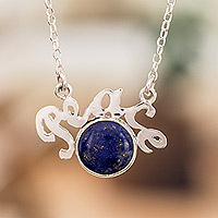 Lapis lazuli pendant necklace, 'World of Peace' - Sterling Silver Lapis Lazuli World Peace Theme Necklace
