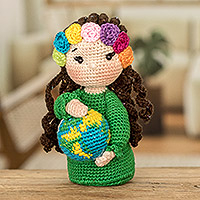 Muñeca de exhibición de algodón, 'Madre Tierra para la paz mundial' - Muñeca de exhibición decorativa con tema de paz mundial de algodón de ganchillo