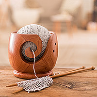 Wood yarn caddy, 'Cup of Love' - Hand-Carved Cedar Wood Yarn Caddy in Natural Brown Tone