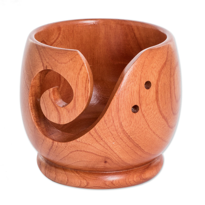 Wood yarn caddy, 'Cup of Love' - Hand-Carved Cedar Wood Yarn Caddy in Natural Brown Tone
