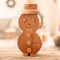 Wood candleholder, 'Snowy Friend' - Hand-Carved Cedar Wood Snowman Candleholder in Brown