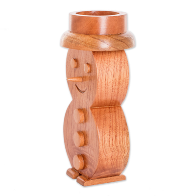 candelabro de madera - Portavelas de muñeco de nieve de madera de cedro tallado a mano en marrón