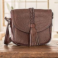 Leather shoulder bag, 'Natural Elegance' - Textured Leather Shoulder Bag with Adjustable Strap & Tassel