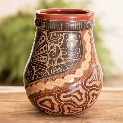 Jarrón decorativo de cerámica estilo precolombino pintado a mano, 'historia  tallada