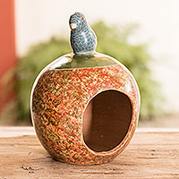 Ceramic sculpture, 'Returning Home' - Handcrafted Ceramic Sculpture of Colorful Bird and Nest