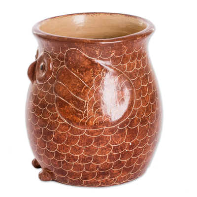 Ceramic decorative vase, 'Wise Spirit' - Handcrafted Ceramic Owl Vase Hand-Painted in Brown Tone