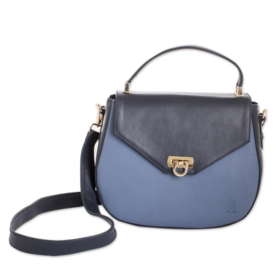 Blue Leather Sling Bag with Handle & Removable Strap