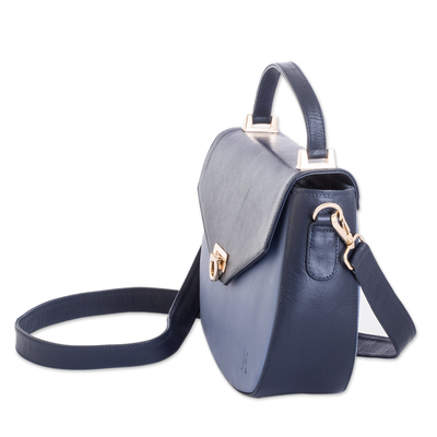Leather sling bag, 'Blue Subtlety' - Blue Leather Sling Bag with Handle & Removable Strap