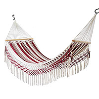 Cotton rope hammock, 'Crimson Dream' (single) - Handcrafted Striped Cotton Hammock in Crimson Hues (Single)