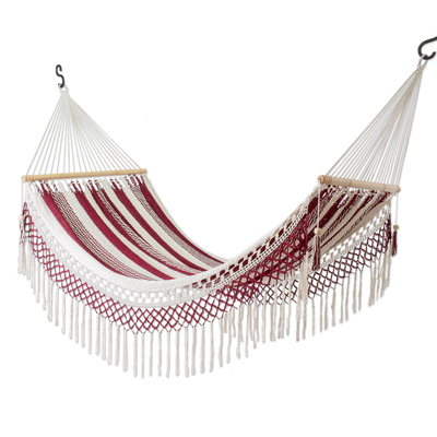 Cotton rope hammock, 'Crimson Dream' (single) - Handcrafted Striped Cotton Hammock in Crimson Hues (Single)