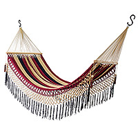 Cotton rope hammock, 'Tropical Calm' (single) - Handcrafted Striped Cotton Hammock with Fringes (Single)