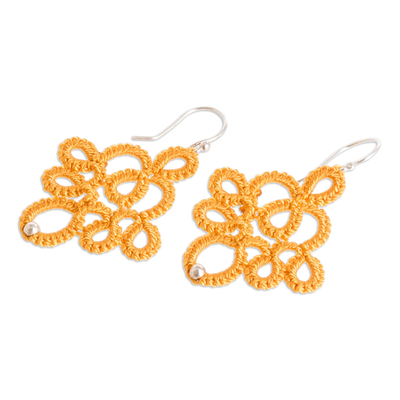 Hand-tatted dangle earrings, 'Yellow Lace' - Hand-Tatted Dangle Earrings in Yellow from Guatemala