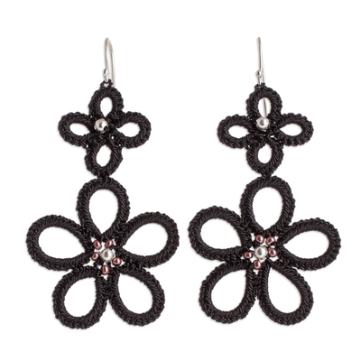 Hand-tatted dangle earrings, 'Black Flora' - Hand-Tatted Floral Dangle Earrings in Black