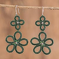 Hand-tatted dangle earrings, 'Green Flora' - Hand-Tatted Floral Dangle Earrings in Green