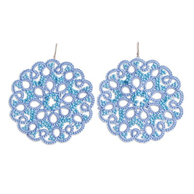 Hand-tatted dangle earrings, 'Life Harmony in Blue' - Hand-Tatted Blue Dangle Earrings with Glass Beads