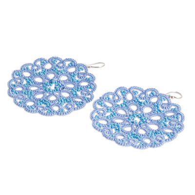 Hand-tatted dangle earrings, 'Life Harmony in Blue' - Hand-Tatted Blue Dangle Earrings with Glass Beads