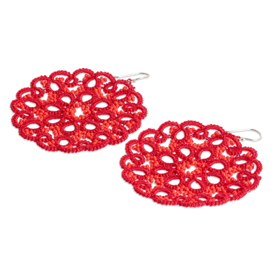Hand-tatted dangle earrings, 'Life Harmony in Red' - Hand-Tatted Red Dangle Earrings with Glass Beads