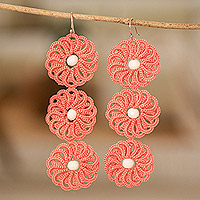 Hand-tatted dangle earrings, 'Salmon Paradise' - Guatemalan Hand-Tatted Floral Dangle Earrings in Salmon