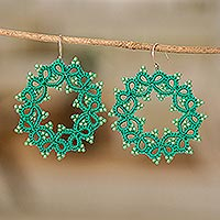 Hand-tatted dangle earrings, 'Green Winds' - Green Hand-Tatted Dangle Earrings with Glass Beads