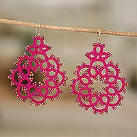 Hand-tatted dangle earrings, 'Fuchsia Enchantment' - Fuchsia Hand-Tatted Dangle Earrings with Glass Beads