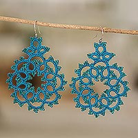 Hand-tatted dangle earrings, 'Turquoise Enchantment' - Turquoise Hand-Tatted Dangle Earrings with Glass Beads