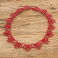 Hand-tatted collar necklace, 'Intense Winds' - Hand-Tatted Red Collar Necklace with Sterling Silver Clasp