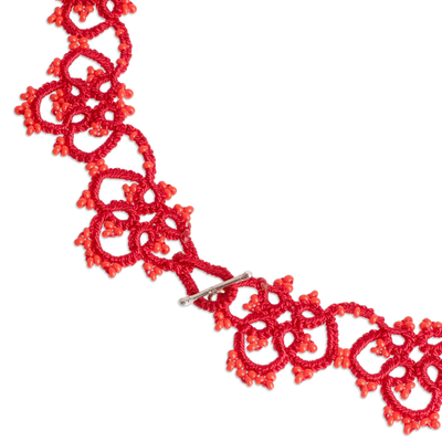 Hand-tatted collar necklace, 'Intense Winds' - Hand-Tatted Red Collar Necklace with Sterling Silver Clasp