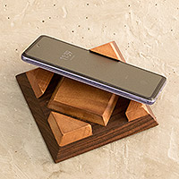 Wood phone stand, 'Modern Altar' - Hand-Carved Salmwood Phone Stand with Geometric Details