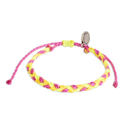 Macrame wristband bracelet, 'Fun Vibes' - Unisex Yellow and Pink Macrame Wristband Bracelet with Charm