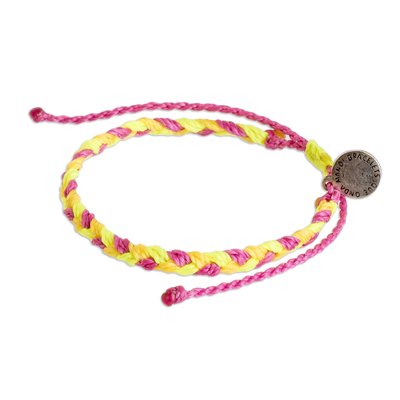 Macrame wristband bracelet, 'Fun Vibes' - Unisex Yellow and Pink Macrame Wristband Bracelet with Charm