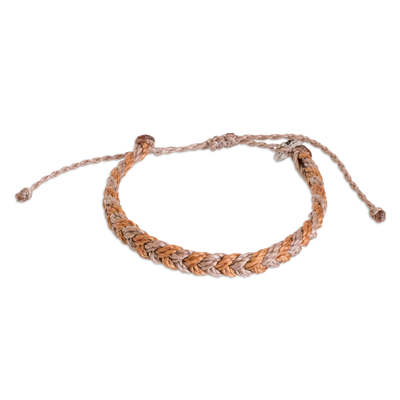 Macrame wristband bracelet, 'Mediterranean' - Unisex Brown & Orange Macrame Wristband Bracelet with Charm