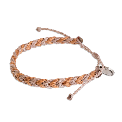 Macrame wristband bracelet, 'Mediterranean' - Unisex Brown & Orange Macrame Wristband Bracelet with Charm
