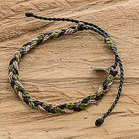 Macrame wristband bracelet, 'Camouflage' - Unisex Black and Brown Macrame Wristband Bracelet with Charm