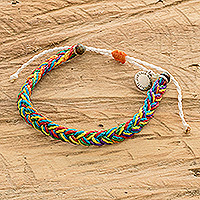 Macrame wristband bracelet, 'Soiree' - Unisex Multicoloured Macrame Wristband Bracelet with Charm